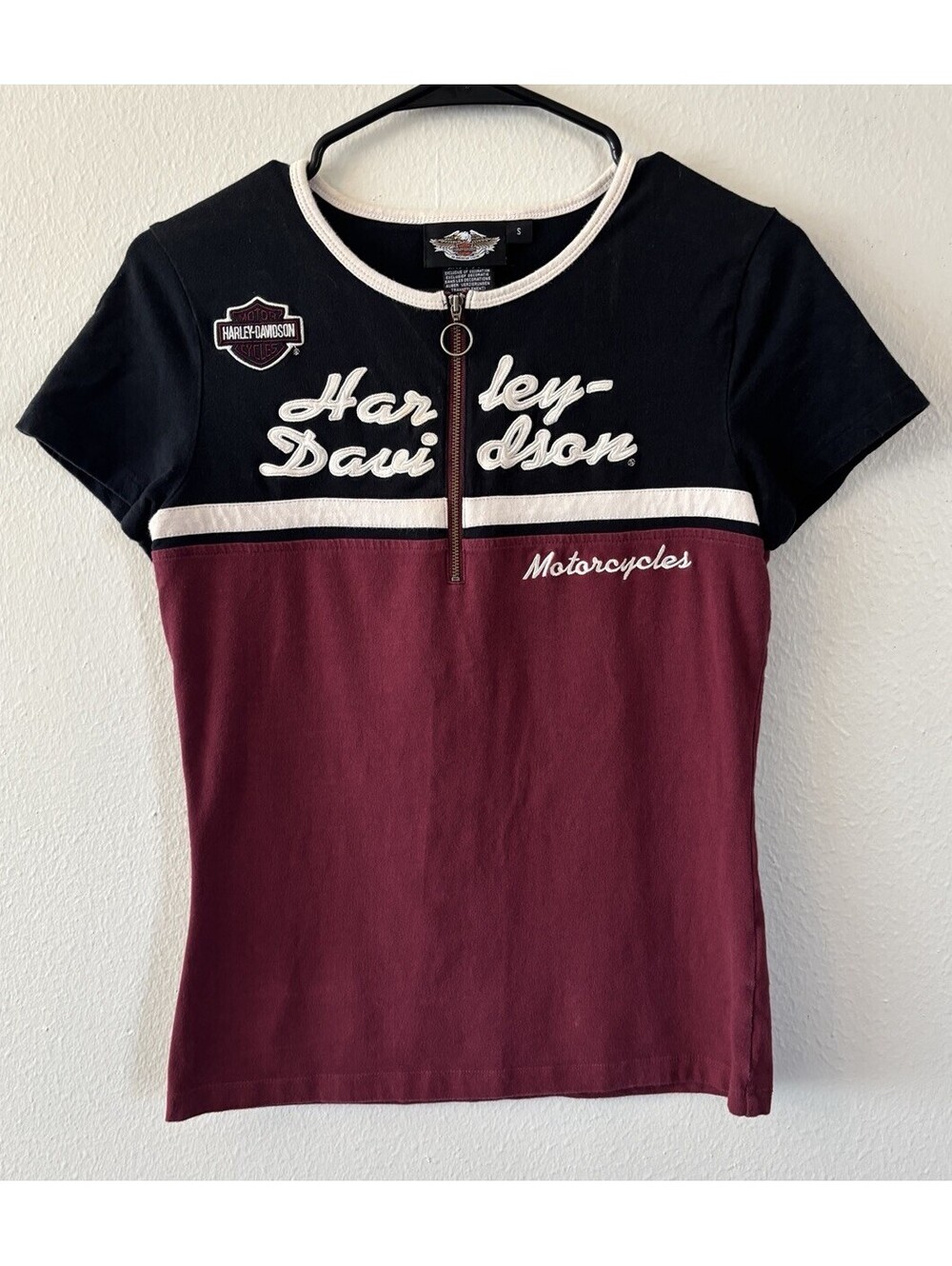 Harley Davidson Womens Quarter Zip Shirt Maroon/White Motorcycle Top Small
